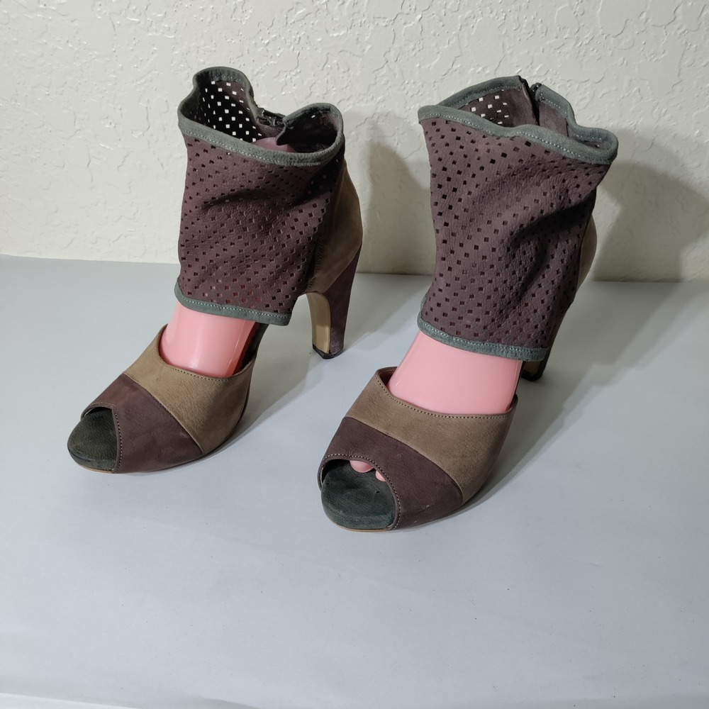 Fly London Girl Brown Leather Perforated Peep Toe Ankle Boots 141874000C Size 39